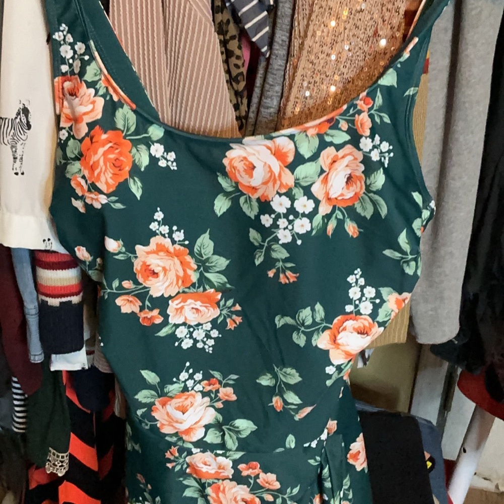 Floral Green Dress with Orange Roses